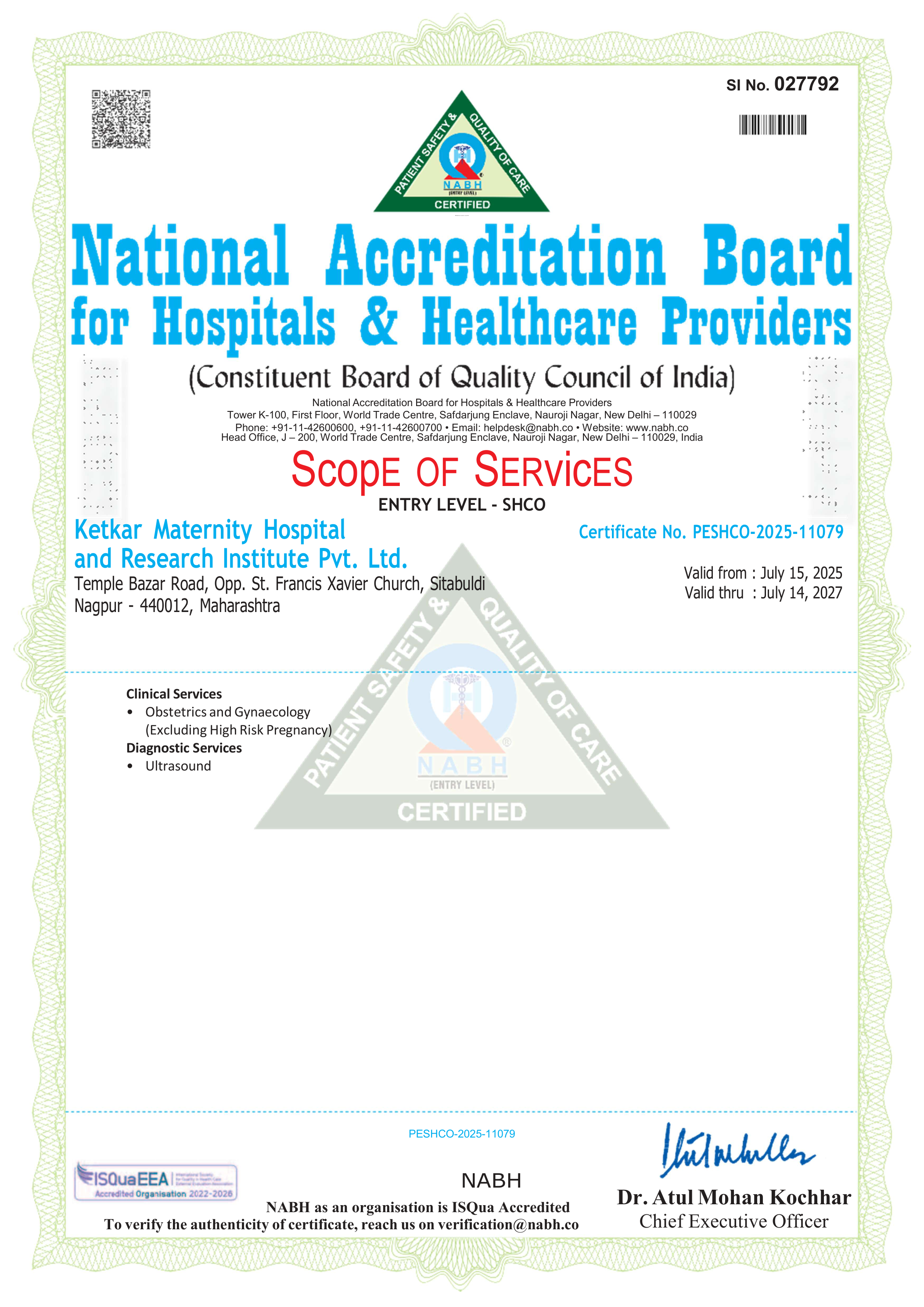 NABH Accreditation Certificate - Ketkar Maternity Hospital